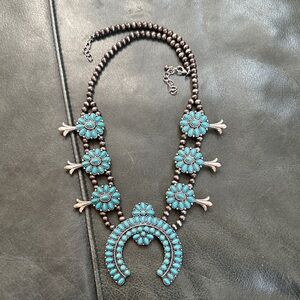 FAUX Turquoise Squash Blossom Necklace w/ Navajo Beads